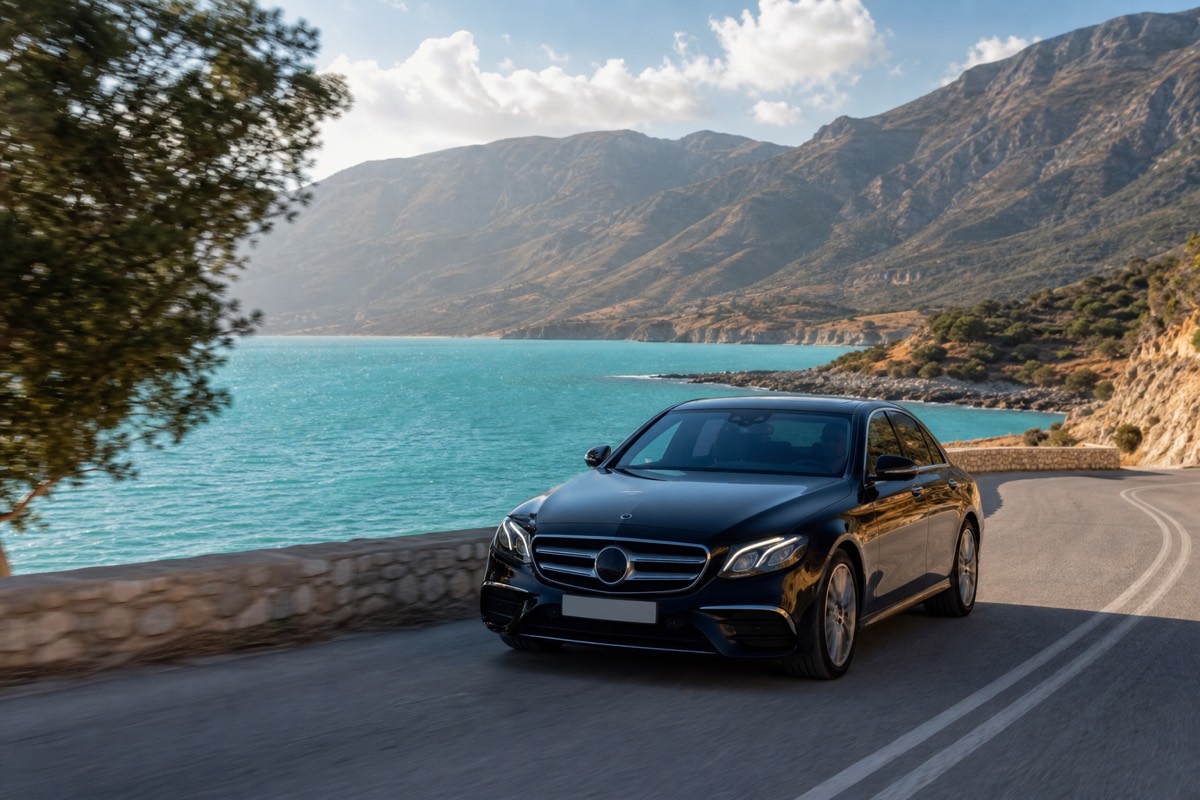 Luxury sedan on a coastal road for a Chania Airport transfer in Crete