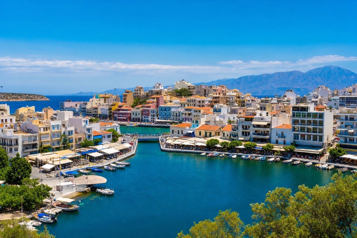 Agios Nikolaos town and Lake Voulismeni in eastern Crete
