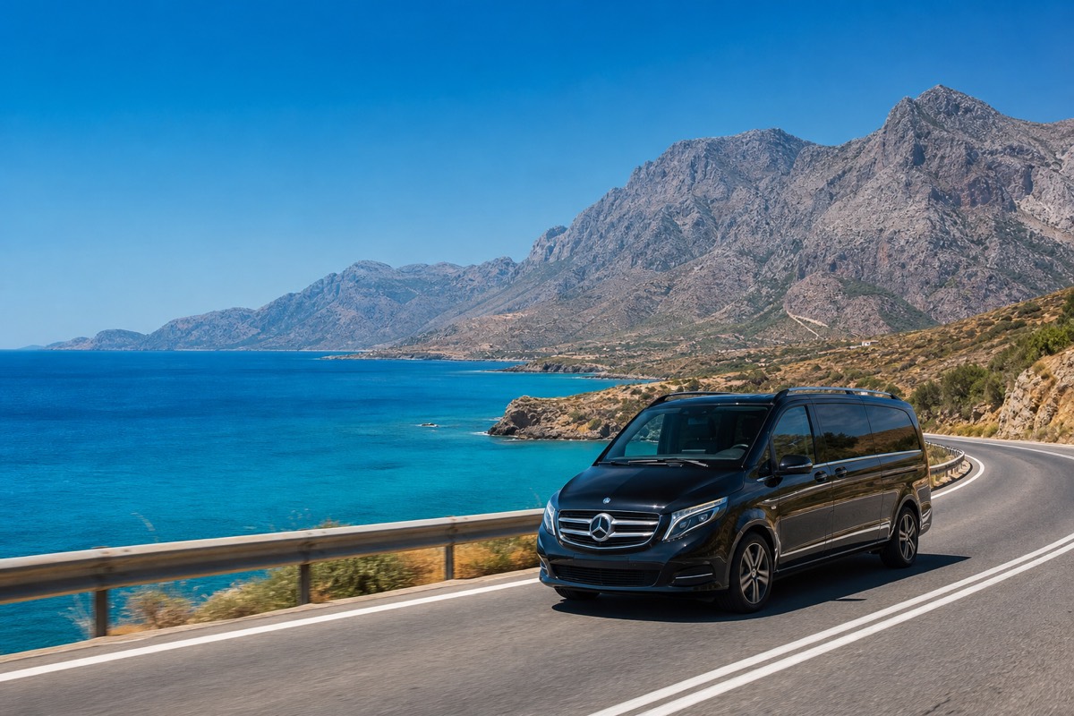 Private transfer minivan on the coastal highway from Heraklion to Chania
